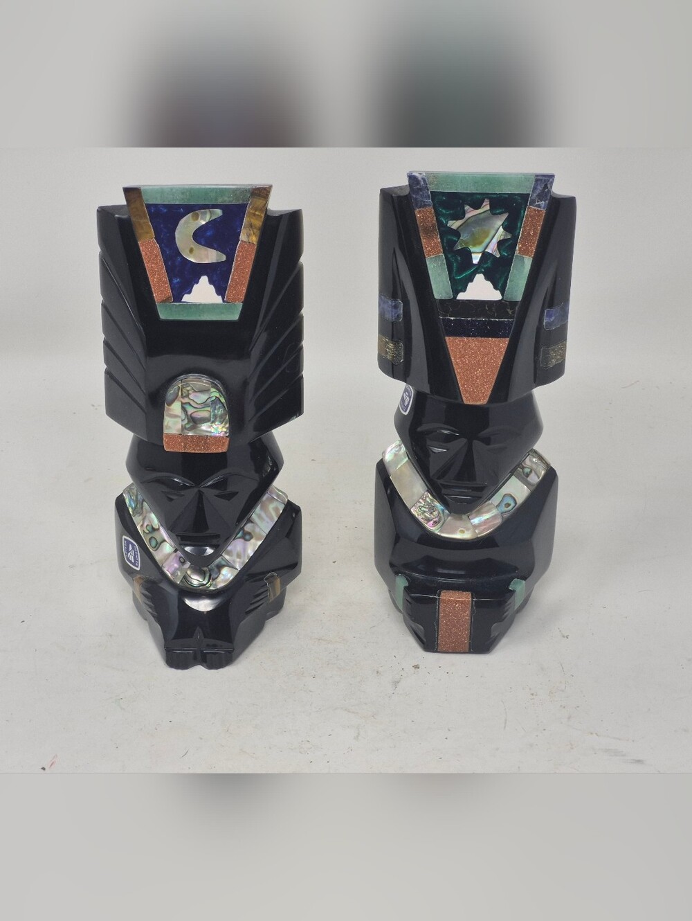 Aztec/Mayan Sun & Moon Statues Carved Obsidian